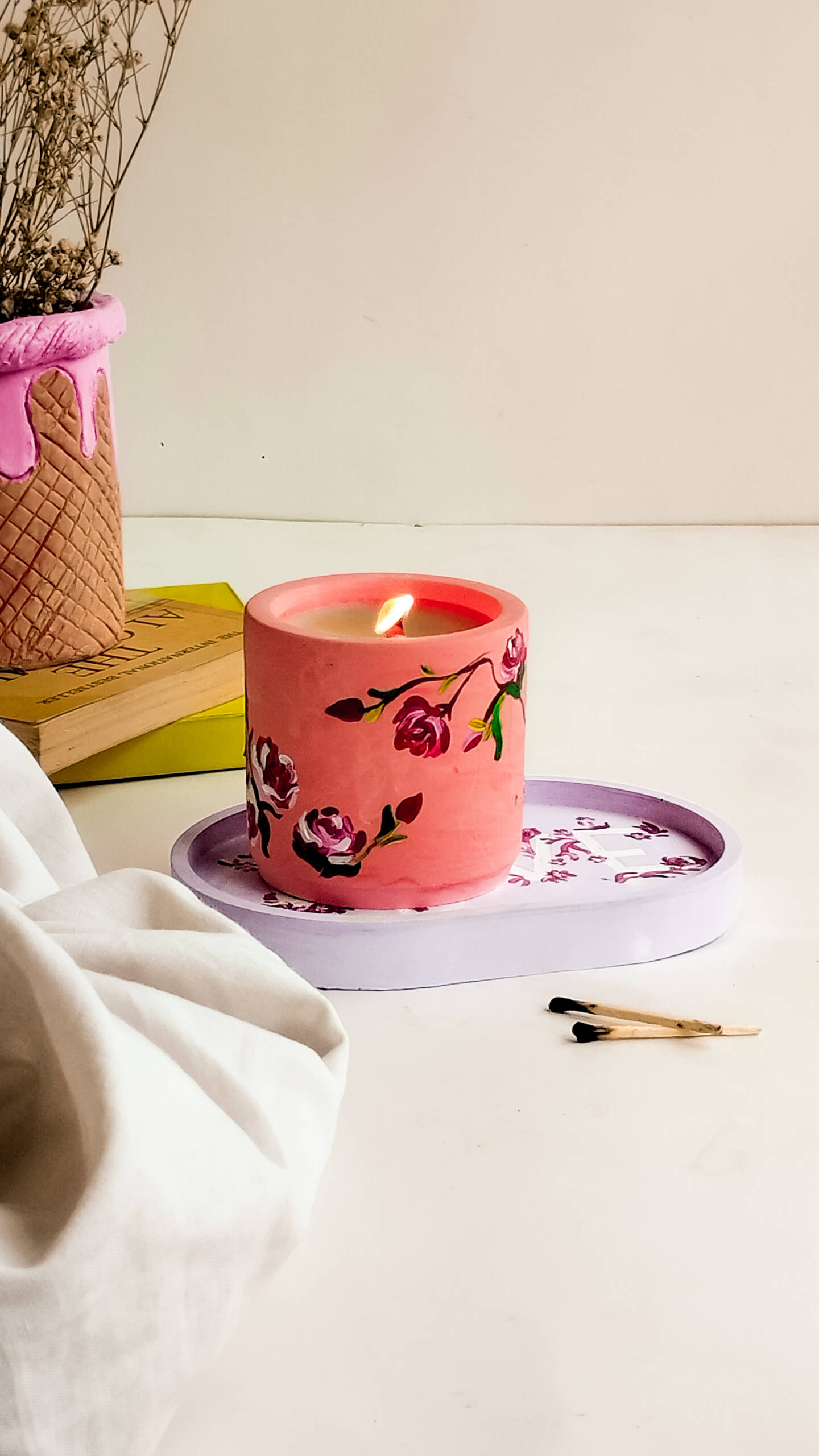 Sweet Rose - Hand painted Scented Concrete Candle - Image 2