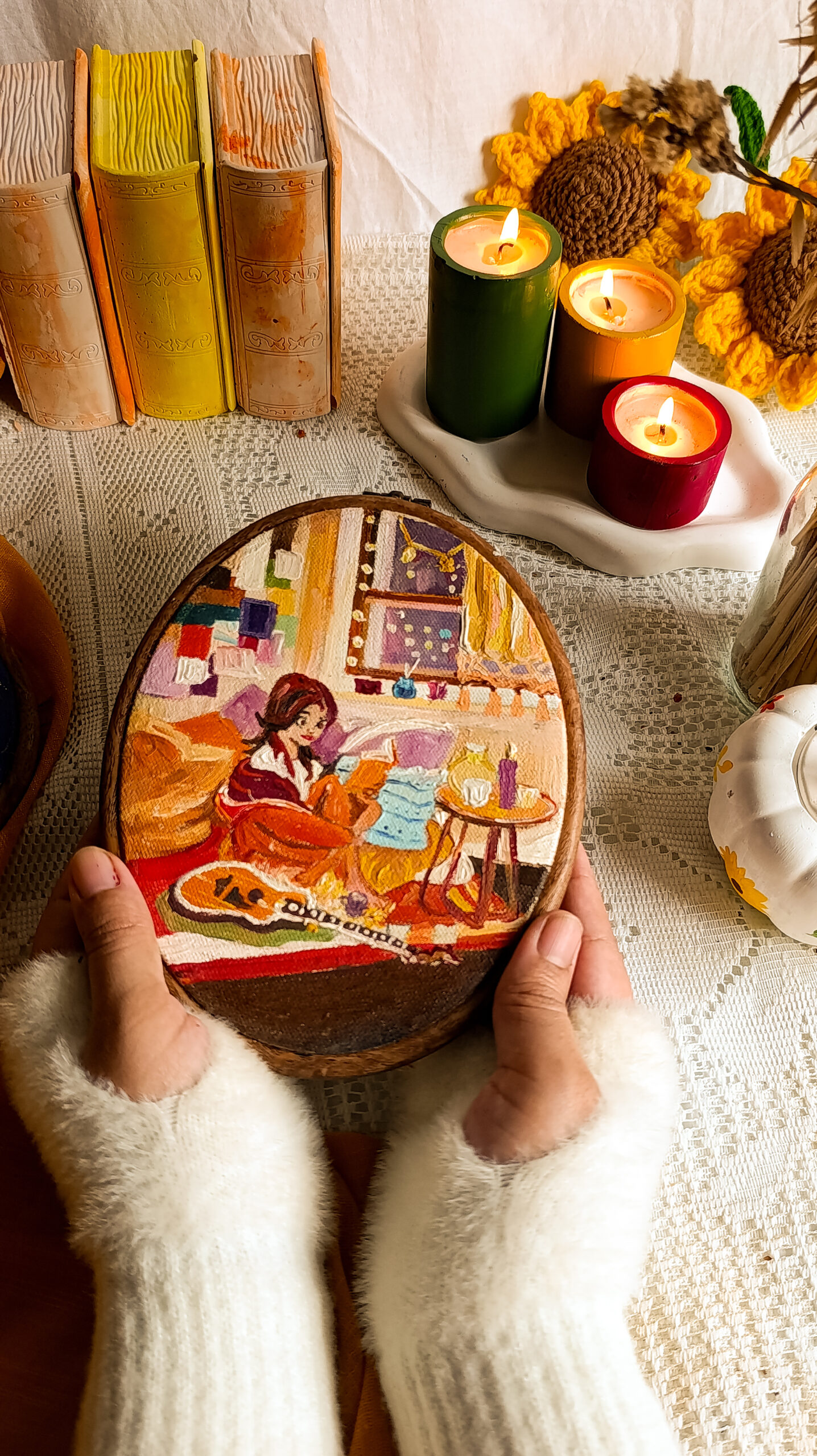 A Quiet Girl Hand-Painted Oval Hoop with Cozy Reading Illustration